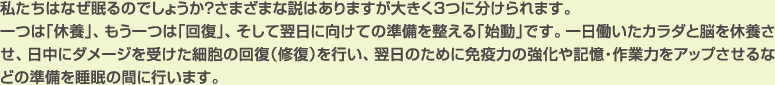私たちはなぜ眠るのでしょうか？さまざまな説はありますが大きく3つに分けられます。
一つは「休養」、もう一つは「回復」、そして翌日に向けての準備を整える「始動」です。一日働いたカラダと脳を休養させ、日中にダメージを受けた細胞の回復（修復）を行い、翌日のために免疫力の強化や記憶・作業力をアップさせるなどの準備を睡眠の間に行います。